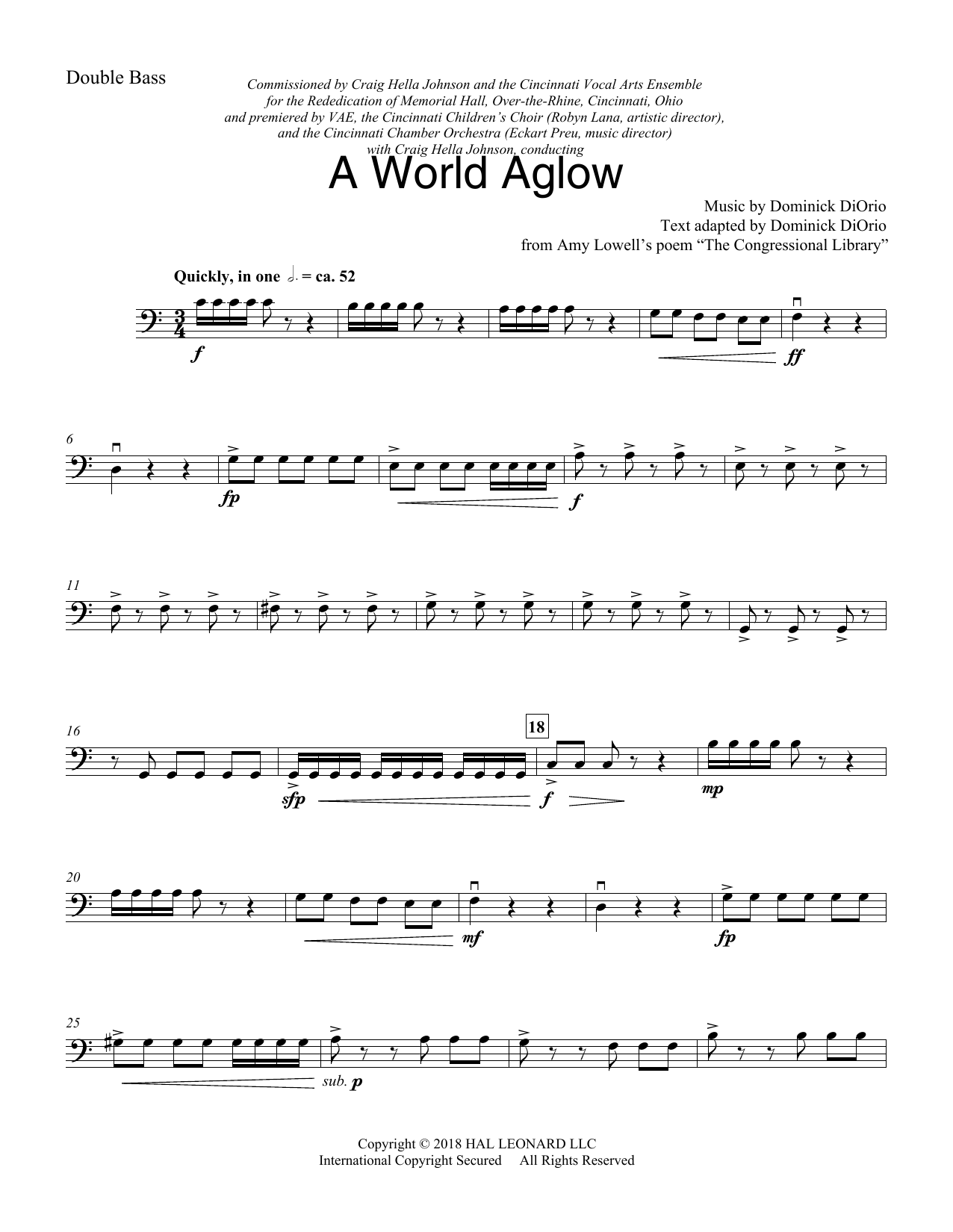 Learn to play Dominick DiOrio A World Aglow - Double Bass sheet music for Choir Instrumental Pak in minutes. Dominick DiOrio A World Aglow - Double Bass sheet music preview music notes and score for Choir Instrumental Pak including 4 page(s)