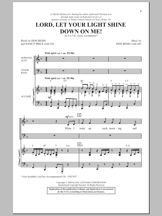 Don Besig Lord, Let Your Light Shine Down On Me! sheet music, chords, lyrics - Printable PDF for SATB Choir