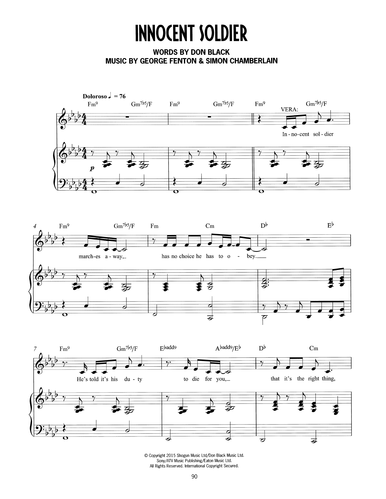 Don Black, George Fenton & Simon Chamberlain Innocent Soldier (from Mrs Henderson Presents) sheet music, chords, lyrics - Printable PDF for Piano & Vocal