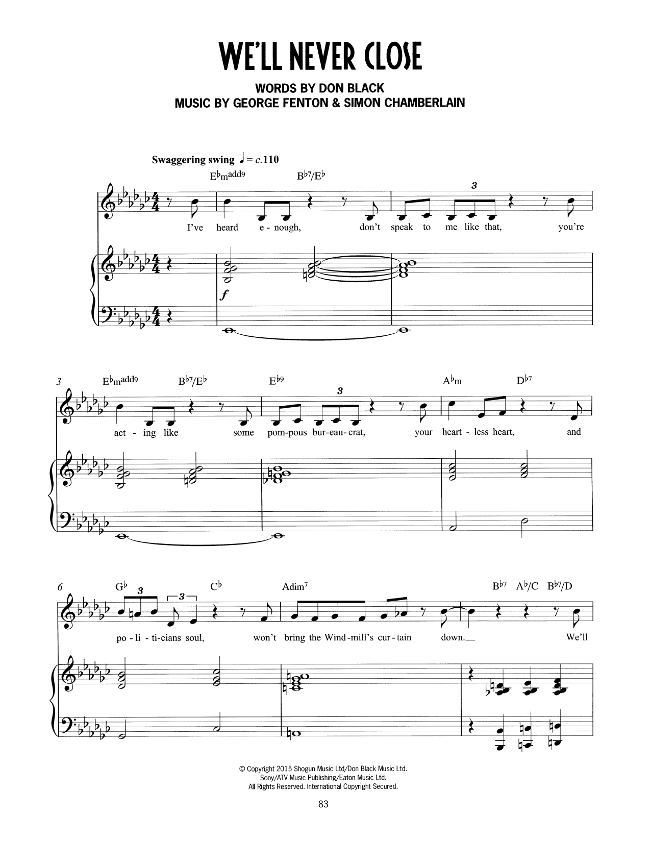 Don Black, George Fenton & Simon Chamberlain We'll Never Close (from Mrs Henderson Presents) sheet music, chords, lyrics - Printable PDF for Piano & Vocal