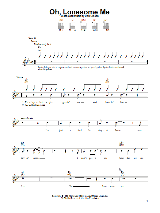 Learn to play Don Gibson Oh, Lonesome Me sheet music for Piano, Vocal & Guitar (Right-Hand Melody) in minutes. Don Gibson Oh, Lonesome Me sheet music notes and chords