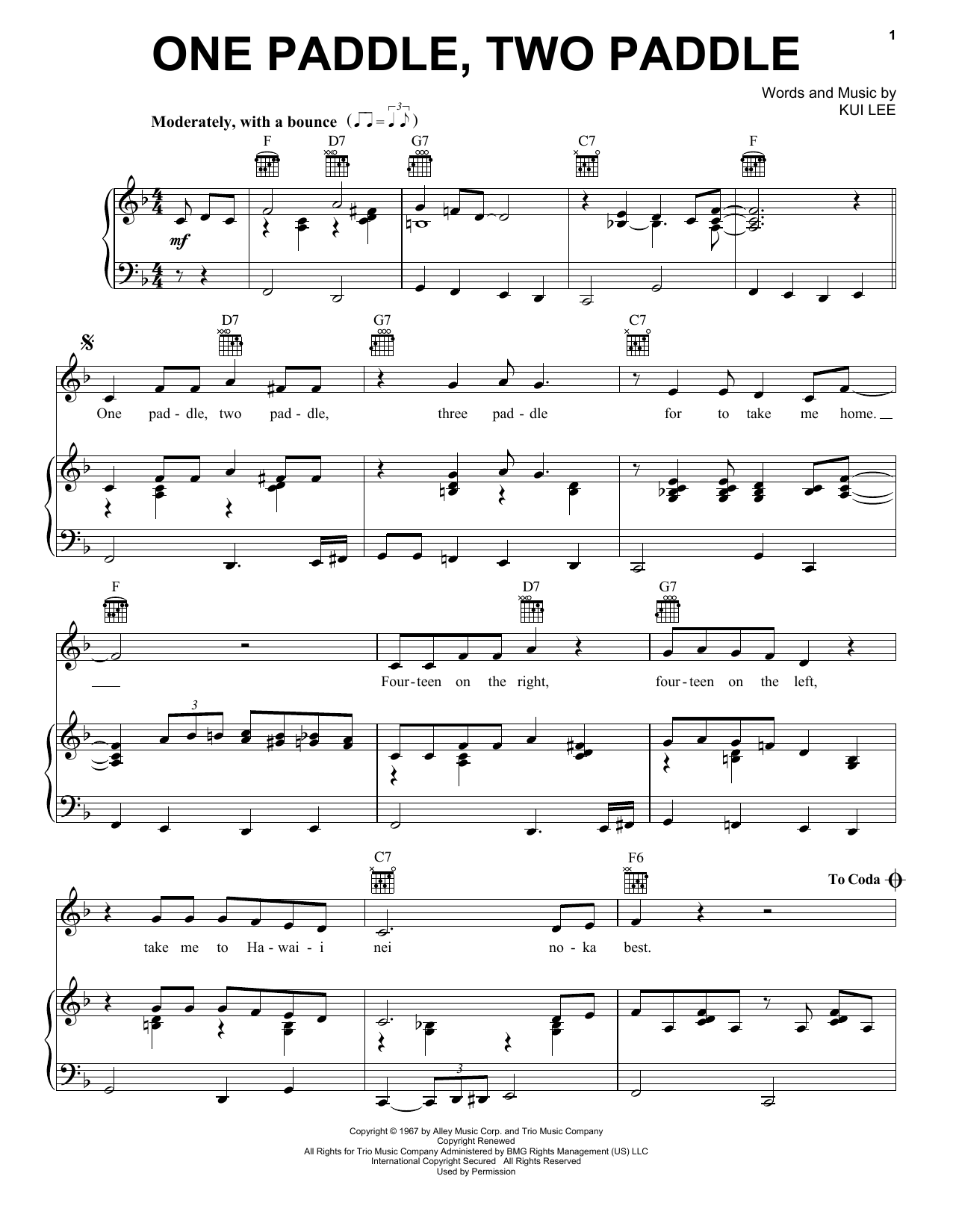Don Ho One Paddle, Two Paddle sheet music preview music notes and score for Piano, Vocal & Guitar (Right-Hand Melody) including 3 page(s)