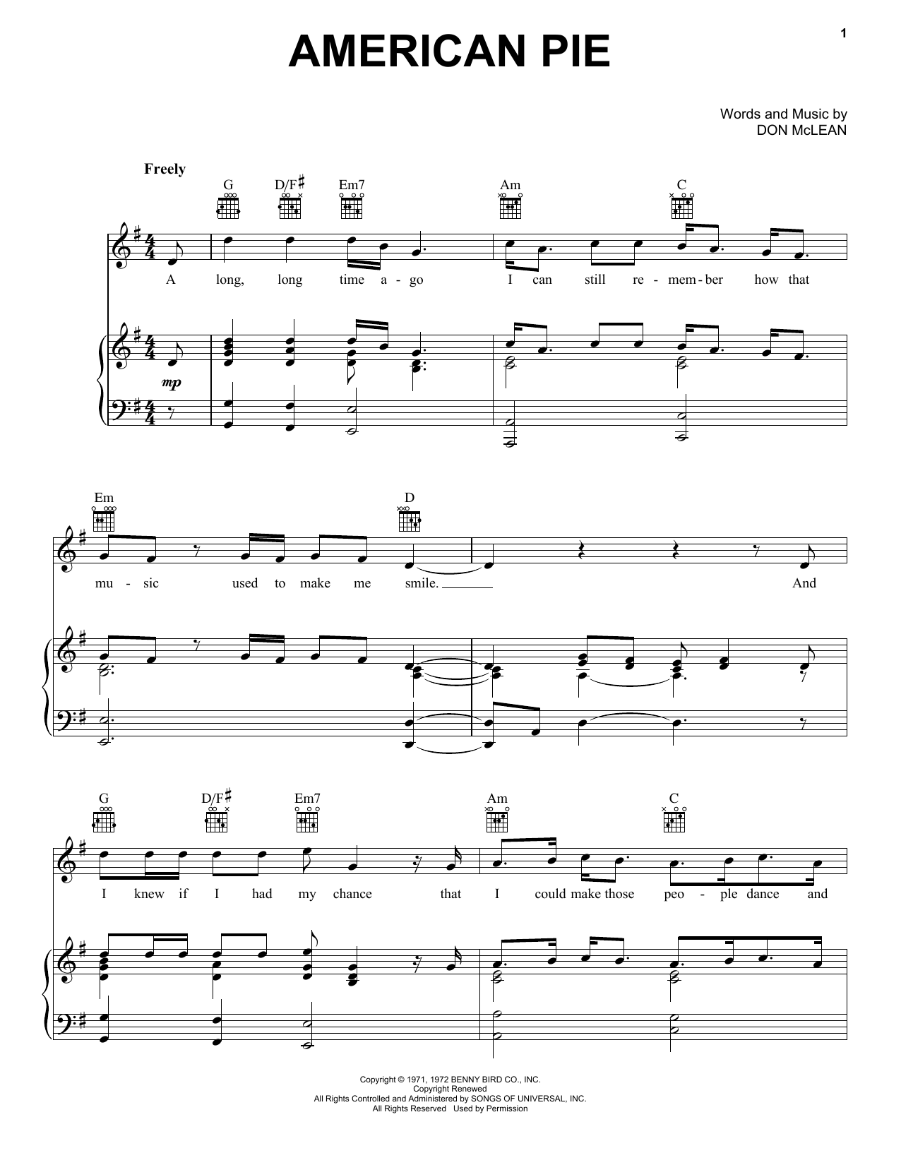 Learn to play Don McLean American Pie sheet music for Easy Guitar Tab in minutes. Don McLean American Pie sheet music preview music notes and score for Easy Guitar Tab including 7 page(s)