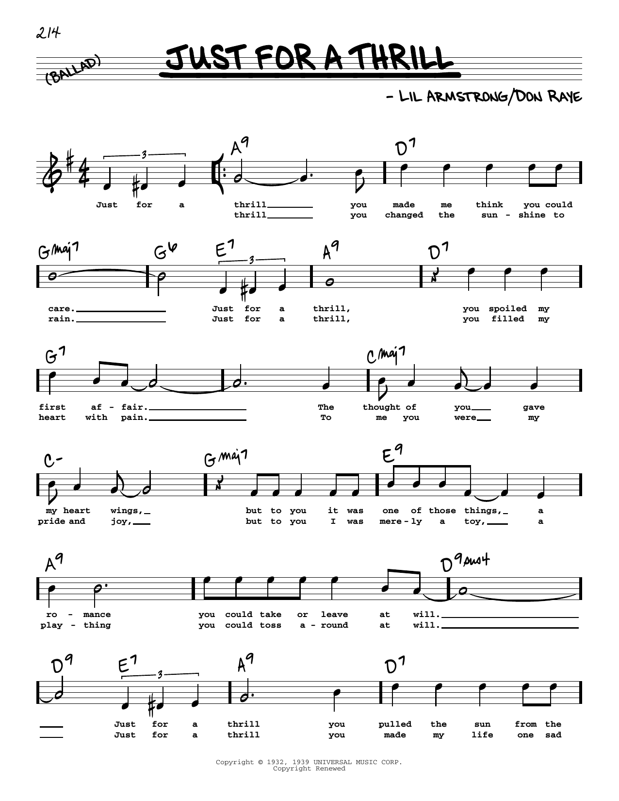Learn to play Don Raye Just For A Thrill (High Voice) sheet music for Real Book – Melody, Lyrics & Chords in minutes. Don Raye Just For A Thrill (High Voice) sheet music preview music notes and score for Real Book – Melody, Lyrics & Chords including 2 page(s)