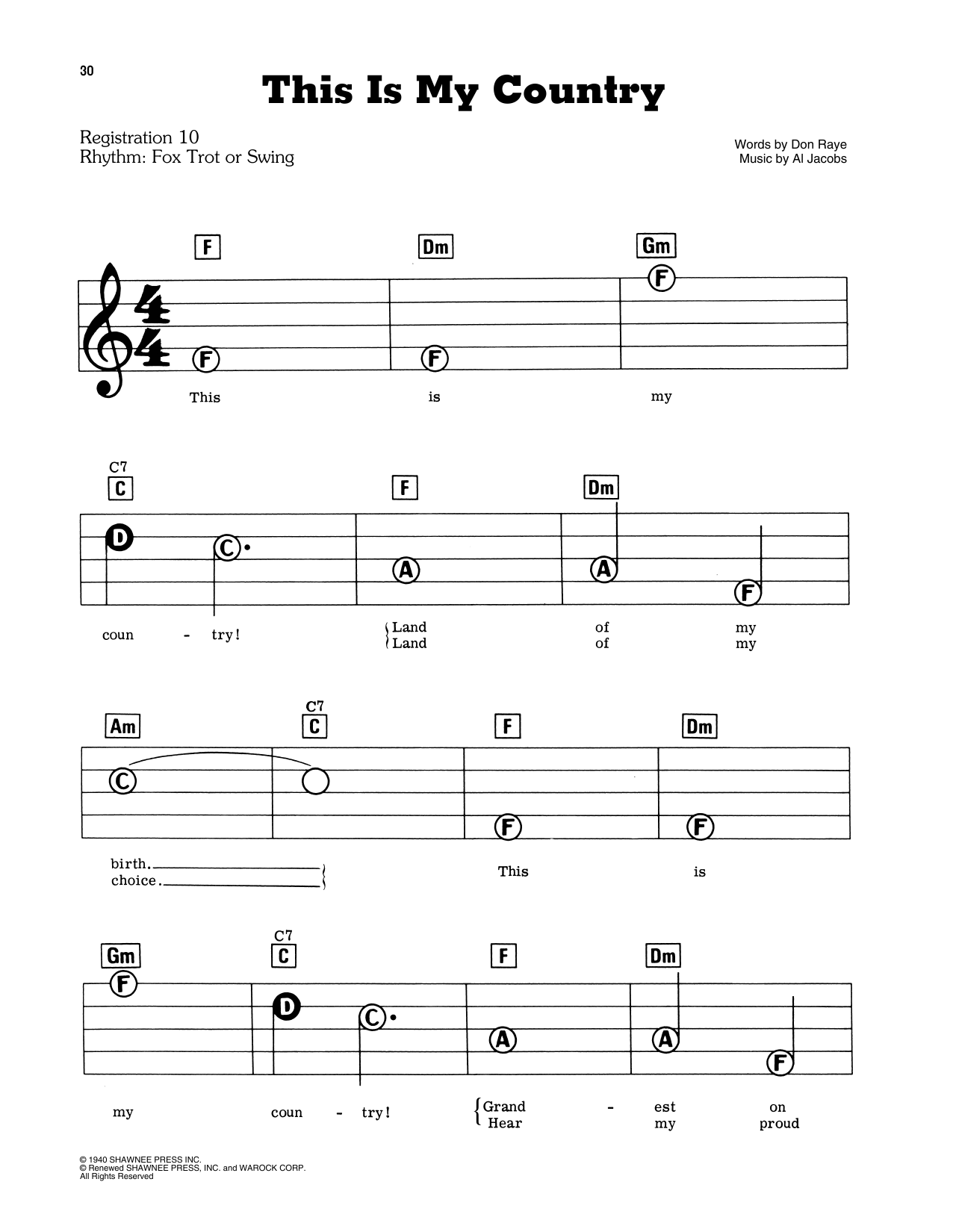 Learn to play Don Raye and Al Jacobs This Is My Country (from Mr. President) sheet music for E-Z Play Today in minutes. Don Raye and Al Jacobs This Is My Country (from Mr. President) sheet music preview music notes and score for E-Z Play Today including 2 page(s)