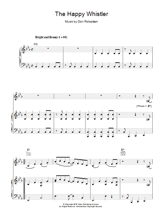 Learn to play Don Robertson The Happy Whistler sheet music for Piano, Vocal & Guitar (Right-Hand Melody) in minutes. Don Robertson The Happy Whistler sheet music preview music notes and score for Piano, Vocal & Guitar (Right-Hand Melody) including 4 page(s)