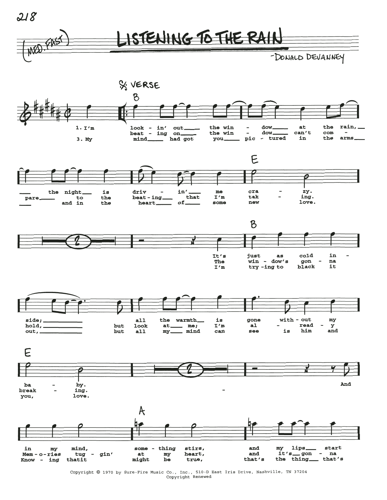 Donald Devanney Listening To The Rain sheet music, chords, lyrics - Printable PDF for Real Book – Melody, Lyrics & Chords