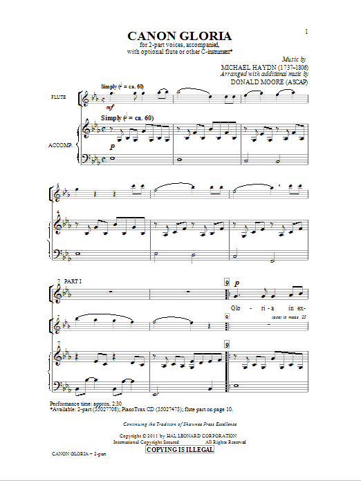 Donald Moore Canon Gloria sheet music, chords, lyrics - Printable PDF for 2-Part Choir