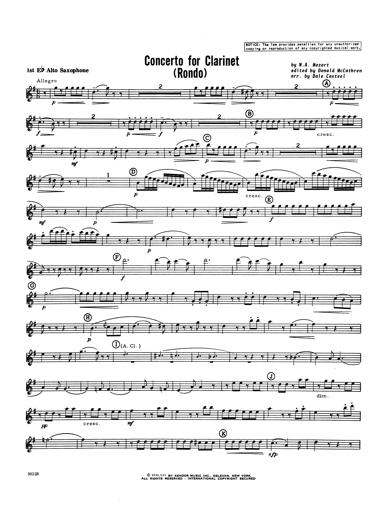 Learn to play Donald McCathren and Dale Casteel Concerto For Clarinet - Rondo (3rd Movement) - K.622 - 1st Eb Alto Saxophone sheet music for Concert Band in minutes. Donald McCathren and Dale Casteel Concerto For Clarinet - Rondo (3rd Movement) - K.622 - 1st Eb Alto Saxophone sheet music preview music notes and score for Concert Band including 3 page(s)