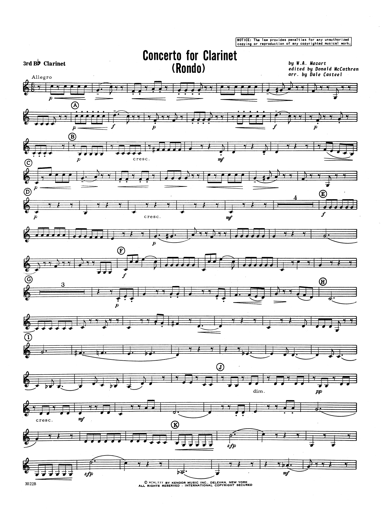Learn to play Donald McCathren and Dale Casteel Concerto For Clarinet - Rondo (3rd Movement) - K.622 - 3rd Bb Clarinet sheet music for Concert Band in minutes. Donald McCathren and Dale Casteel Concerto For Clarinet - Rondo (3rd Movement) - K.622 - 3rd Bb Clarinet sheet music preview music notes and score for Concert Band including 3 page(s)
