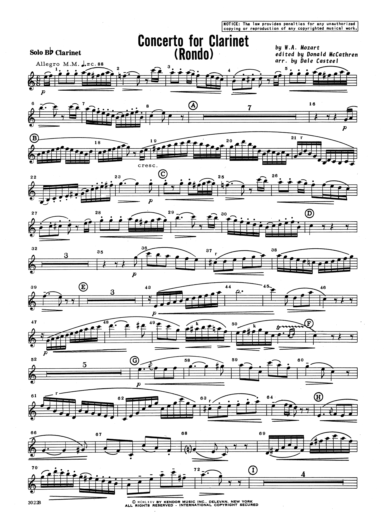 Learn to play Donald McCathren and Dale Casteel Concerto For Clarinet - Rondo (3rd Movement) - K.622 - Bb Solo Clarinet sheet music for Concert Band in minutes. Donald McCathren and Dale Casteel Concerto For Clarinet - Rondo (3rd Movement) - K.622 - Bb Solo Clarinet sheet music preview music notes and score for Concert Band including 5 page(s)