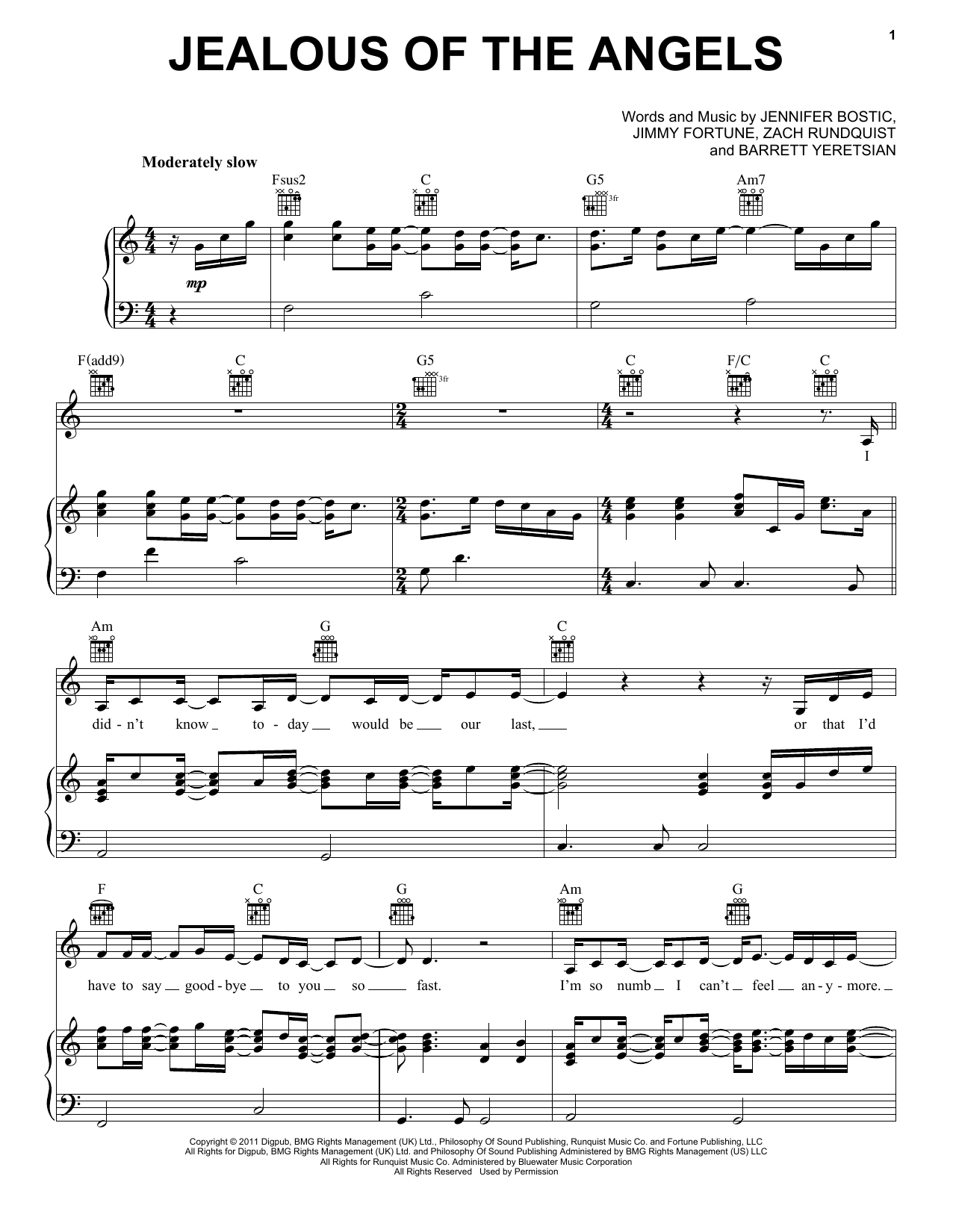 Donna Taggart Jealous Of The Angels sheet music, chords, lyrics - Printable PDF for Piano, Vocal & Guitar (Right-Hand Melody)