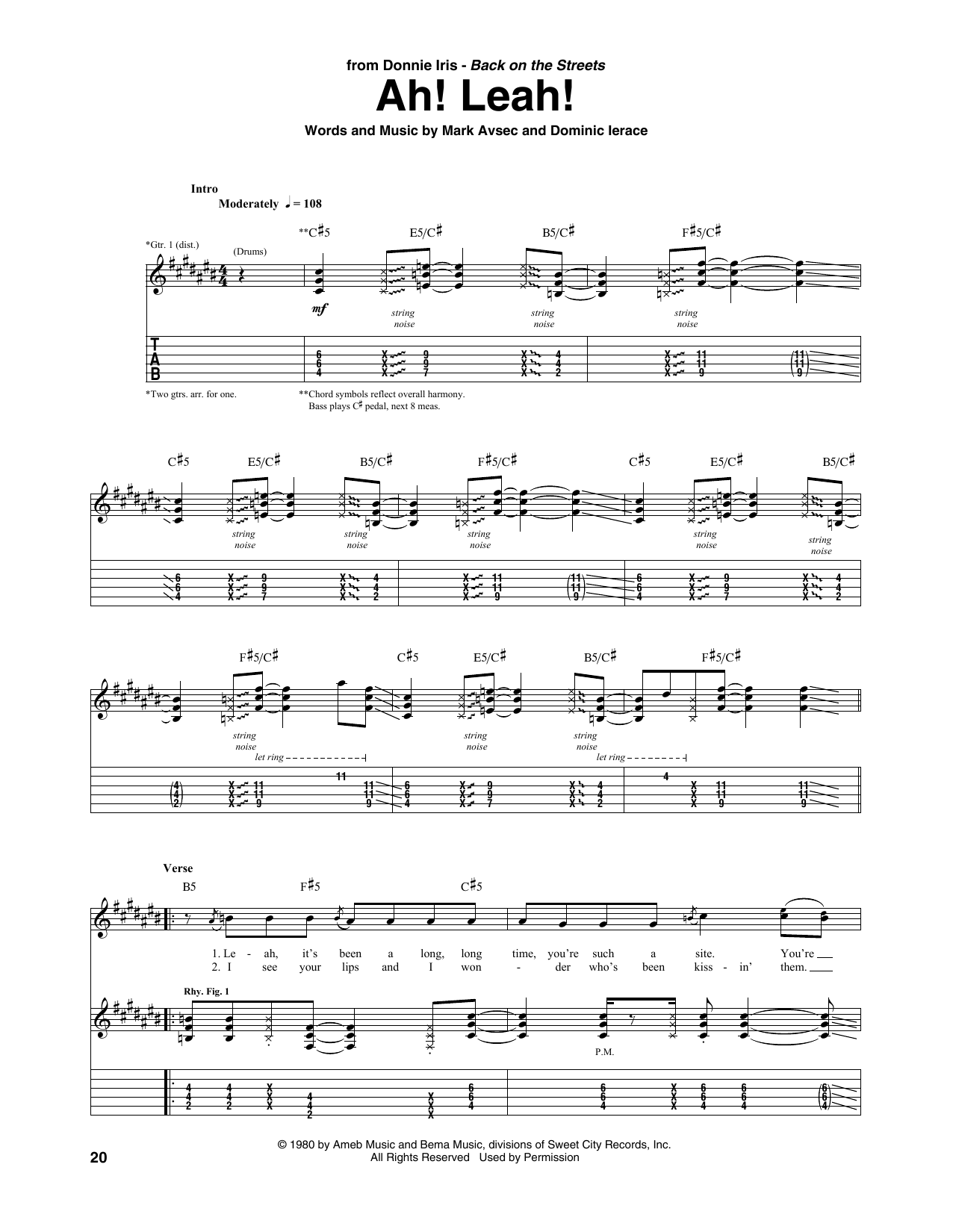 Donnie Iris Ah! Leah! sheet music, chords, lyrics - Printable PDF for Guitar Tab