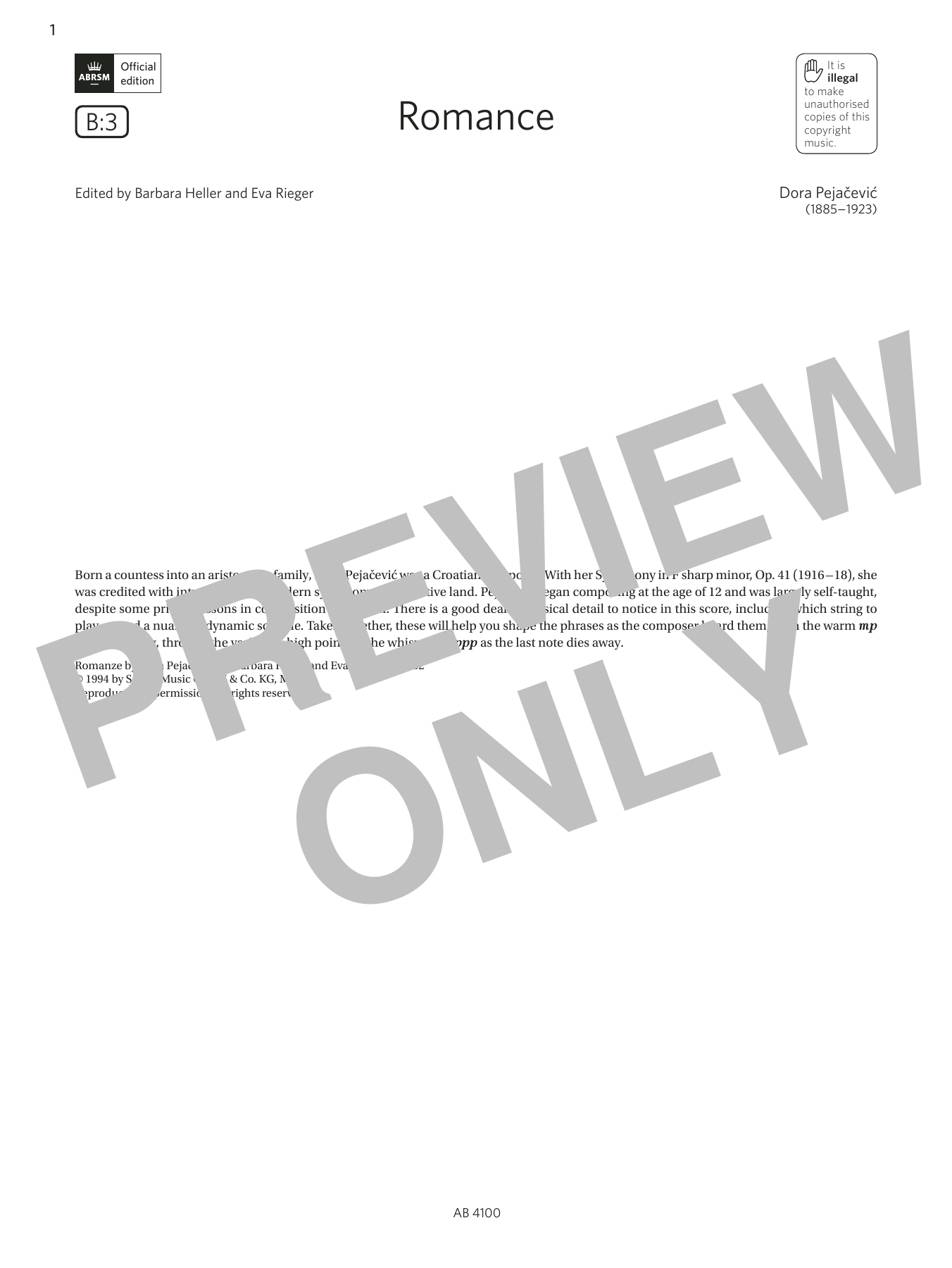 Dora Pejačević Romance (Grade 6, B3, from the ABRSM Violin Syllabus from 2024) sheet music, chords, lyrics - Printable PDF for Violin Solo