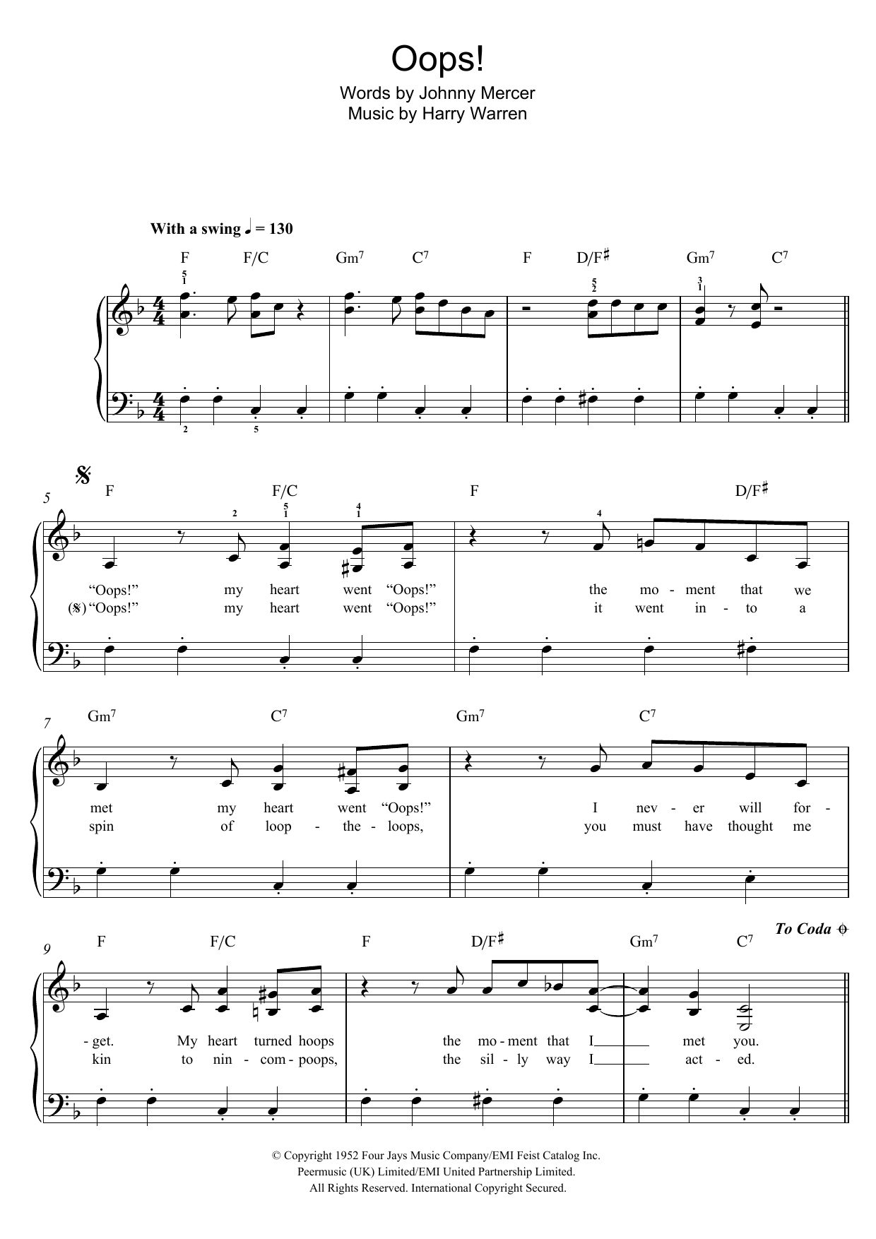 Doris Day Oops! sheet music, chords, lyrics - Printable PDF for Easy Piano