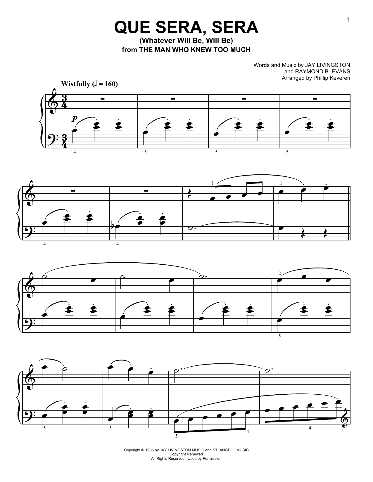Phillip Keveren Que Sera, Sera (Whatever Will Be, Will Be) sheet music, chords, lyrics - Printable PDF for Easy Piano