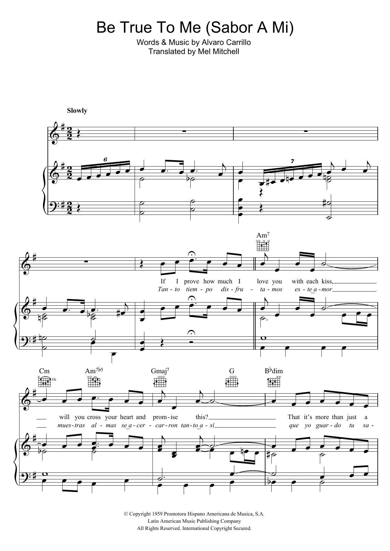 Doris Day Sabor A Mi (Be True To Me) sheet music, chords, lyrics - Printable PDF for Piano, Vocal & Guitar Chords (Right-Hand Melody)