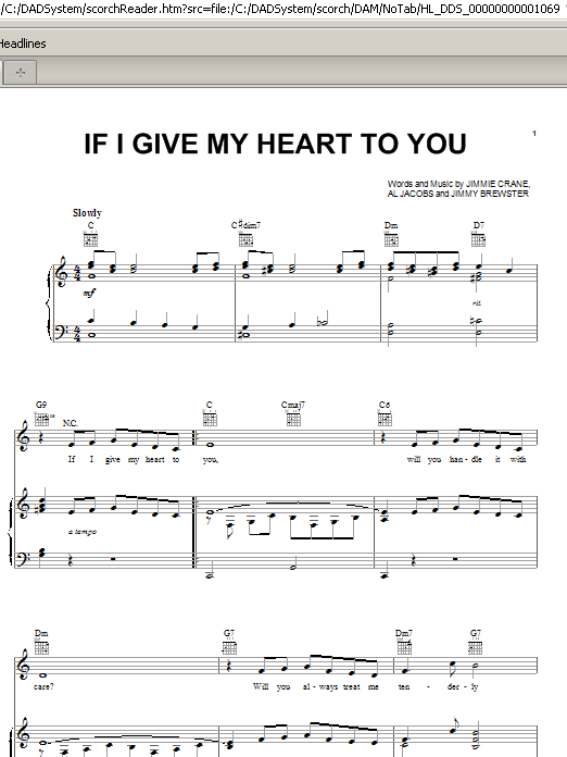 Learn to play Doris Day If I Give My Heart To You sheet music for Piano, Vocal & Guitar (Right-Hand Melody) in minutes. Doris Day If I Give My Heart To You sheet music preview music notes and score for Piano, Vocal & Guitar (Right-Hand Melody) including 4 page(s)