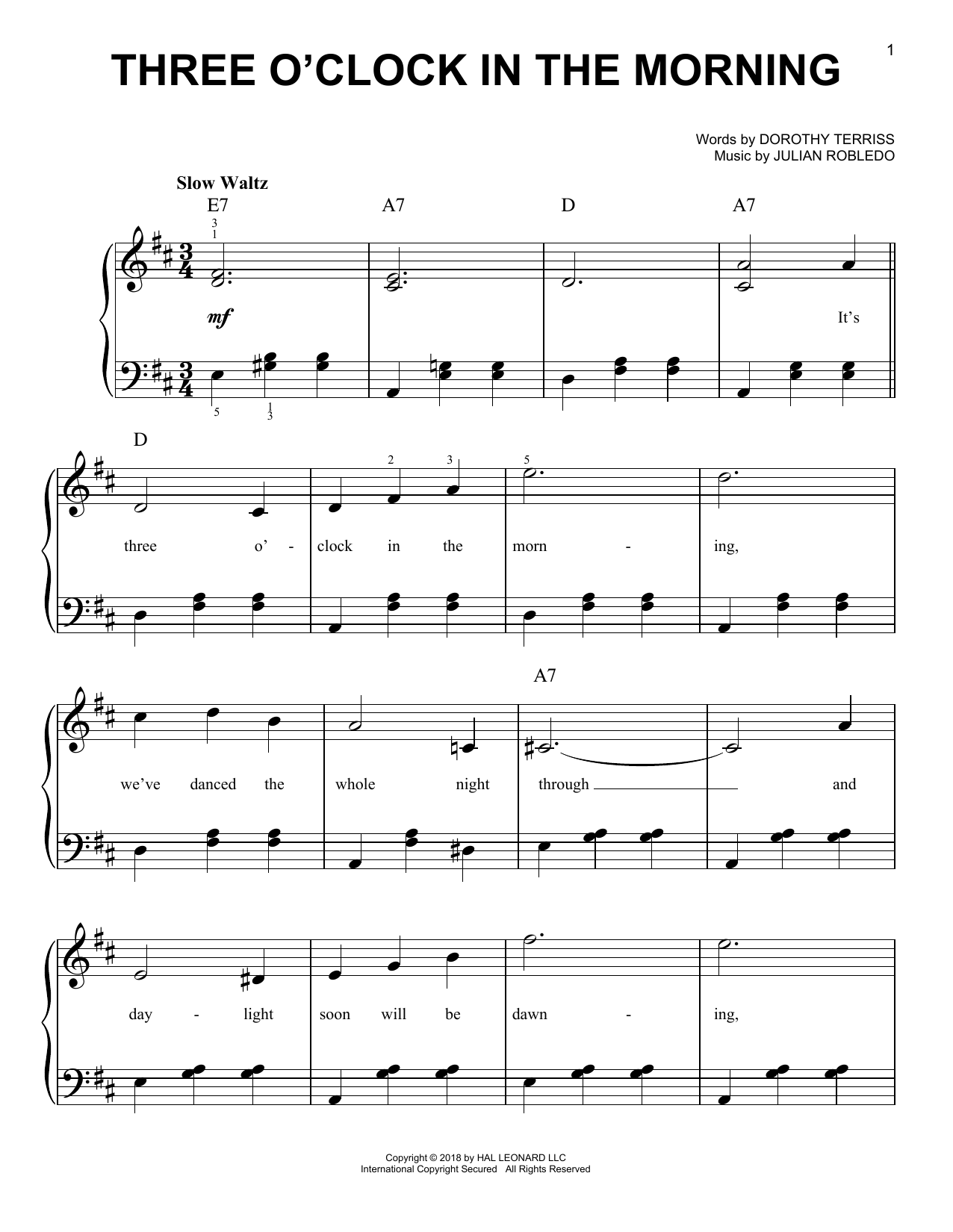 Learn to play Dorothy Terriss Three O'Clock In The Morning sheet music for Easy Piano in minutes. Dorothy Terriss Three O'Clock In The Morning sheet music preview music notes and score for Easy Piano including 2 page(s)