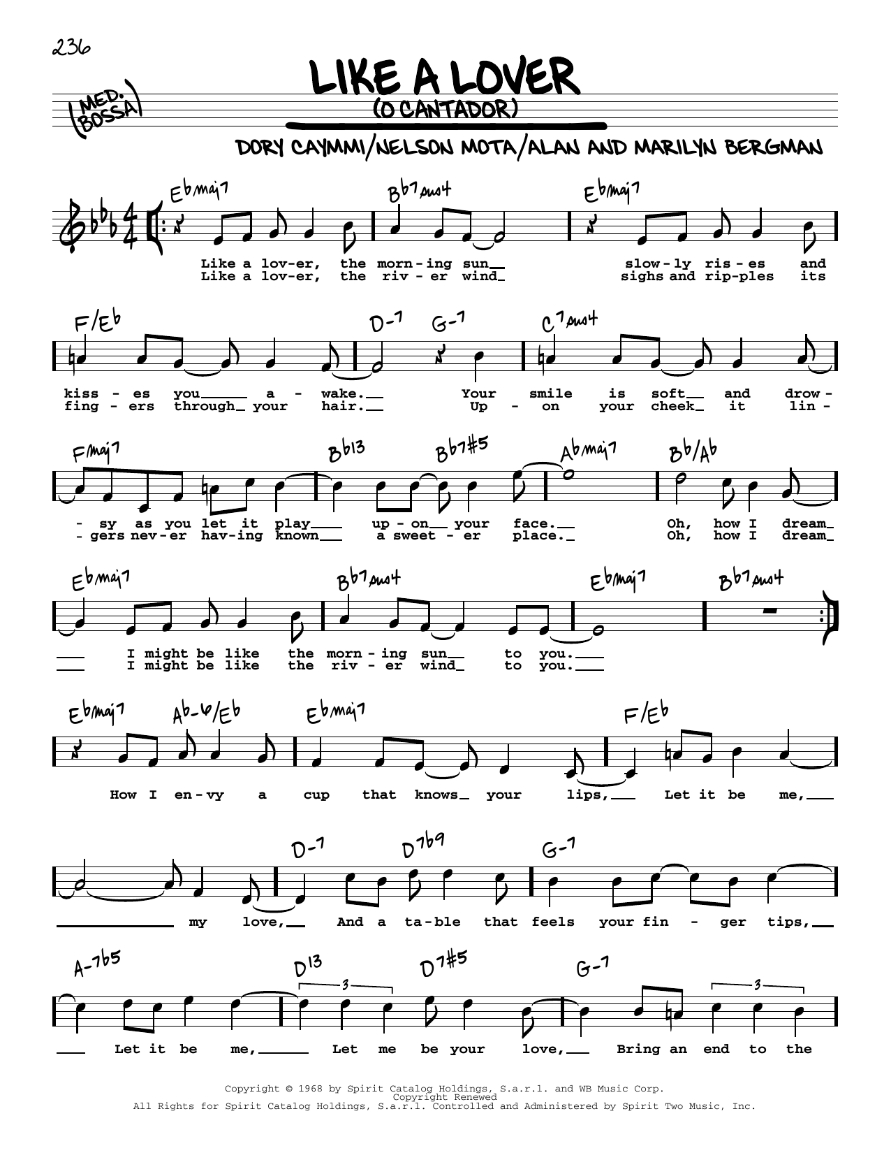 Dory Caymmi Like A Lover (O Cantador) (High Voice) sheet music, chords, lyrics - Printable PDF for Real Book – Melody, Lyrics & Chords