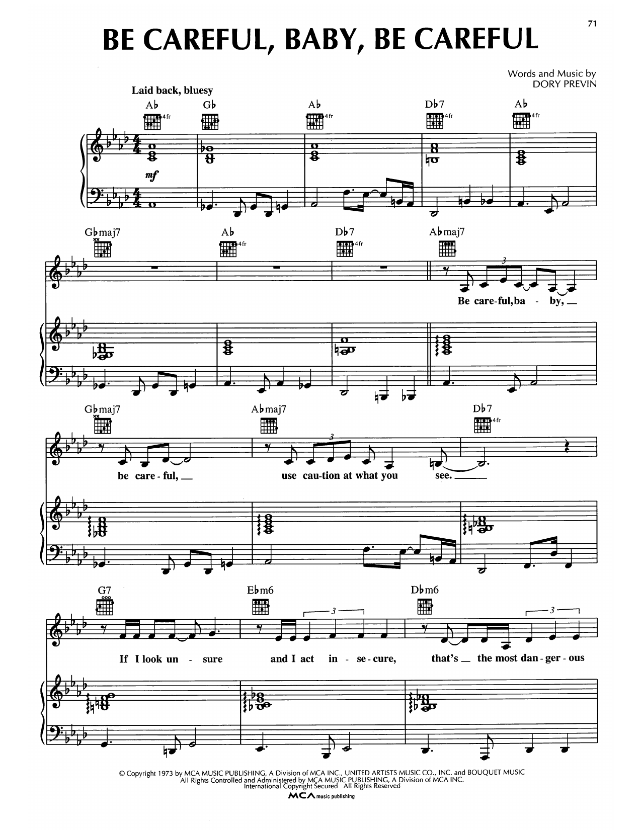 Dory Previn Be Careful, Baby, Be Careful sheet music, chords, lyrics - Printable PDF for Piano, Vocal & Guitar Chords (Right-Hand Melody)