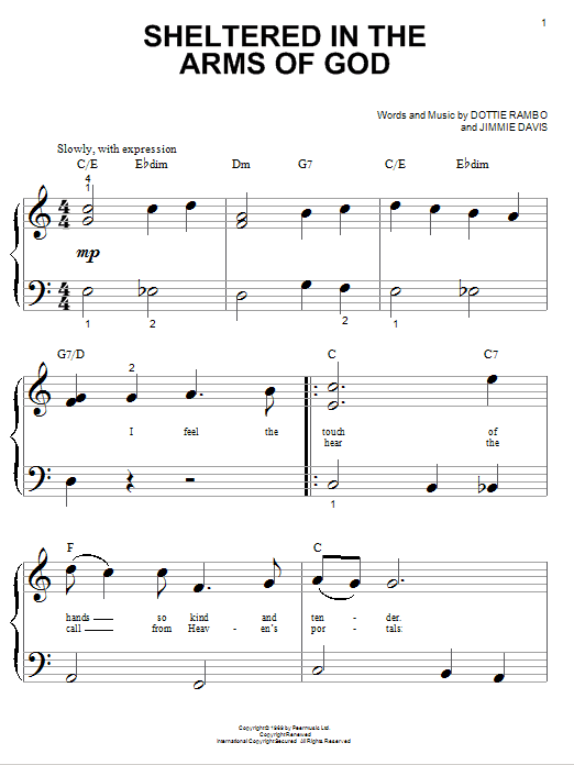 Learn to play Dottie Rambo Sheltered In The Arms Of God sheet music for Piano (Big Notes) in minutes. Dottie Rambo Sheltered In The Arms Of God sheet music preview music notes and score for Piano (Big Notes) including 4 page(s)