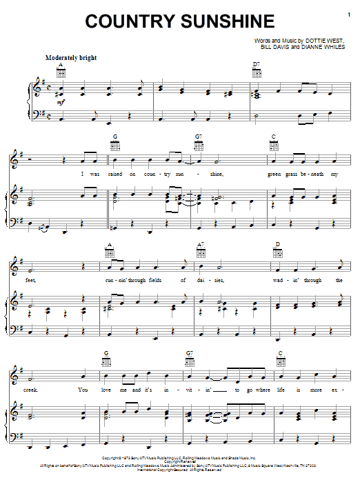 Learn to play Dottie West Country Sunshine sheet music for Lyrics & Chords in minutes. Dottie West Country Sunshine sheet music preview music notes and score for Lyrics & Chords including 2 page(s)