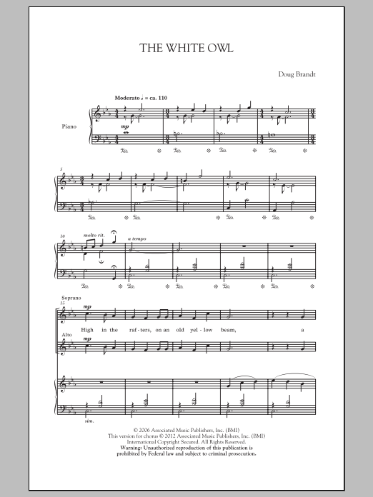 Doug Brandt The White Owl sheet music, chords, lyrics - Printable PDF for SATB