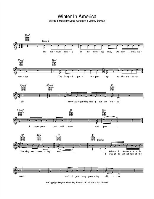 Learn to play Doug Ashdown Winter In America sheet music for Melody Line, Lyrics & Chords in minutes. Doug Ashdown Winter In America sheet music preview music notes and score for Melody Line, Lyrics & Chords including 2 page(s)
