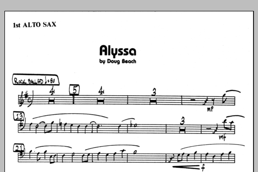 Learn to play Doug Beach Alyssa - 1st Eb Alto Saxophone sheet music for Jazz Ensemble in minutes. Doug Beach Alyssa - 1st Eb Alto Saxophone sheet music preview music notes and score for Jazz Ensemble including 1 page(s)