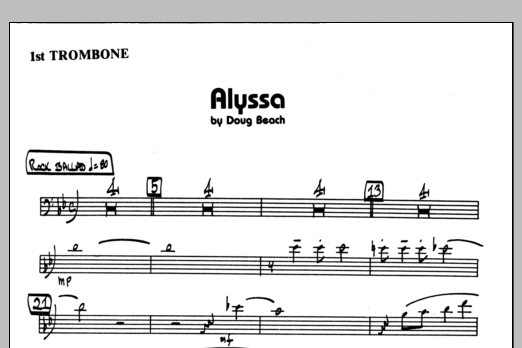 Learn to play Doug Beach Alyssa - 1st Trombone sheet music for Jazz Ensemble in minutes. Doug Beach Alyssa - 1st Trombone sheet music preview music notes and score for Jazz Ensemble including 1 page(s)