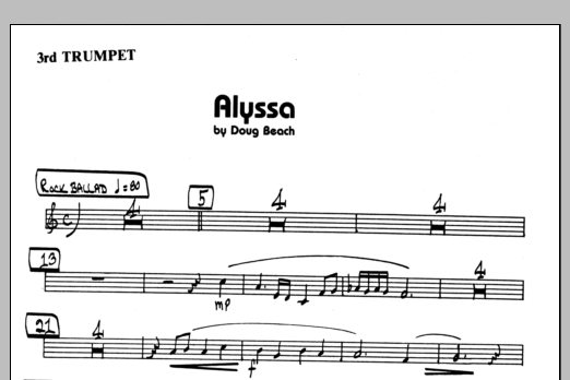 Learn to play Doug Beach Alyssa - 3rd Bb Trumpet sheet music for Jazz Ensemble in minutes. Doug Beach Alyssa - 3rd Bb Trumpet sheet music preview music notes and score for Jazz Ensemble including 1 page(s)