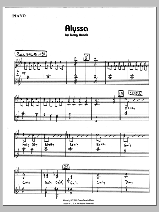 Learn to play Doug Beach Alyssa - Piano sheet music for Jazz Ensemble in minutes. Doug Beach Alyssa - Piano sheet music preview music notes and score for Jazz Ensemble including 2 page(s)