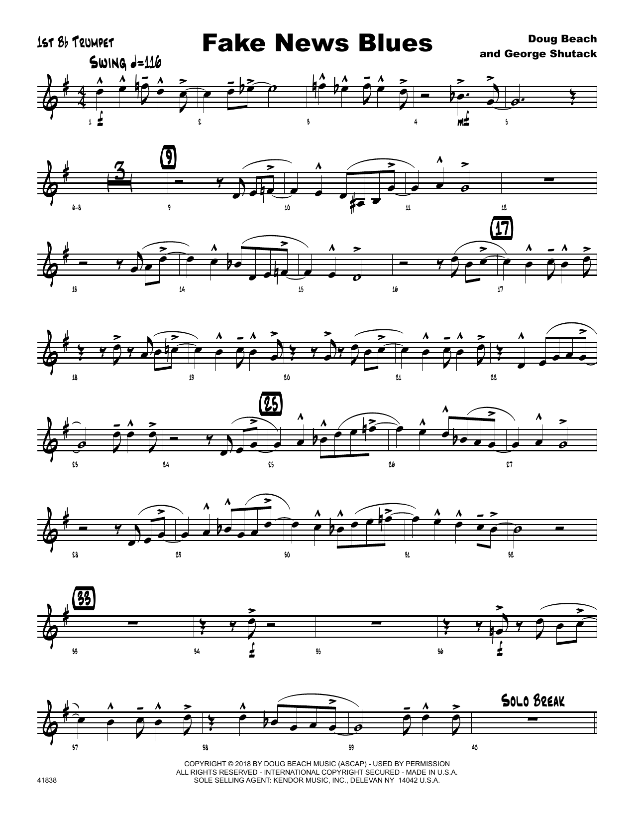 Learn to play Doug Beach Fake News Blues - 1st Bb Trumpet sheet music for Jazz Ensemble in minutes. Doug Beach Fake News Blues - 1st Bb Trumpet sheet music preview music notes and score for Jazz Ensemble including 2 page(s)