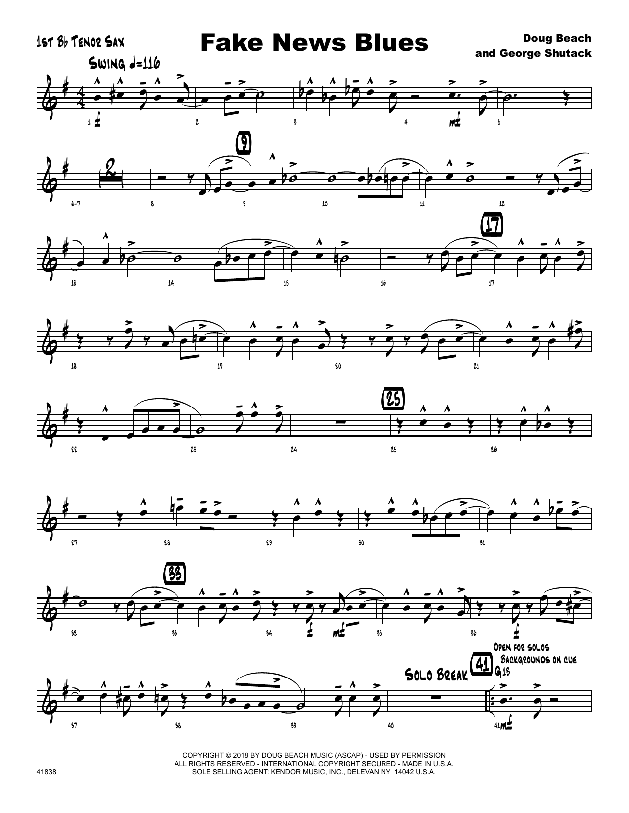 Doug Beach Fake News Blues - 1st Tenor Saxophone sheet music preview music notes and score for Jazz Ensemble including 2 page(s)