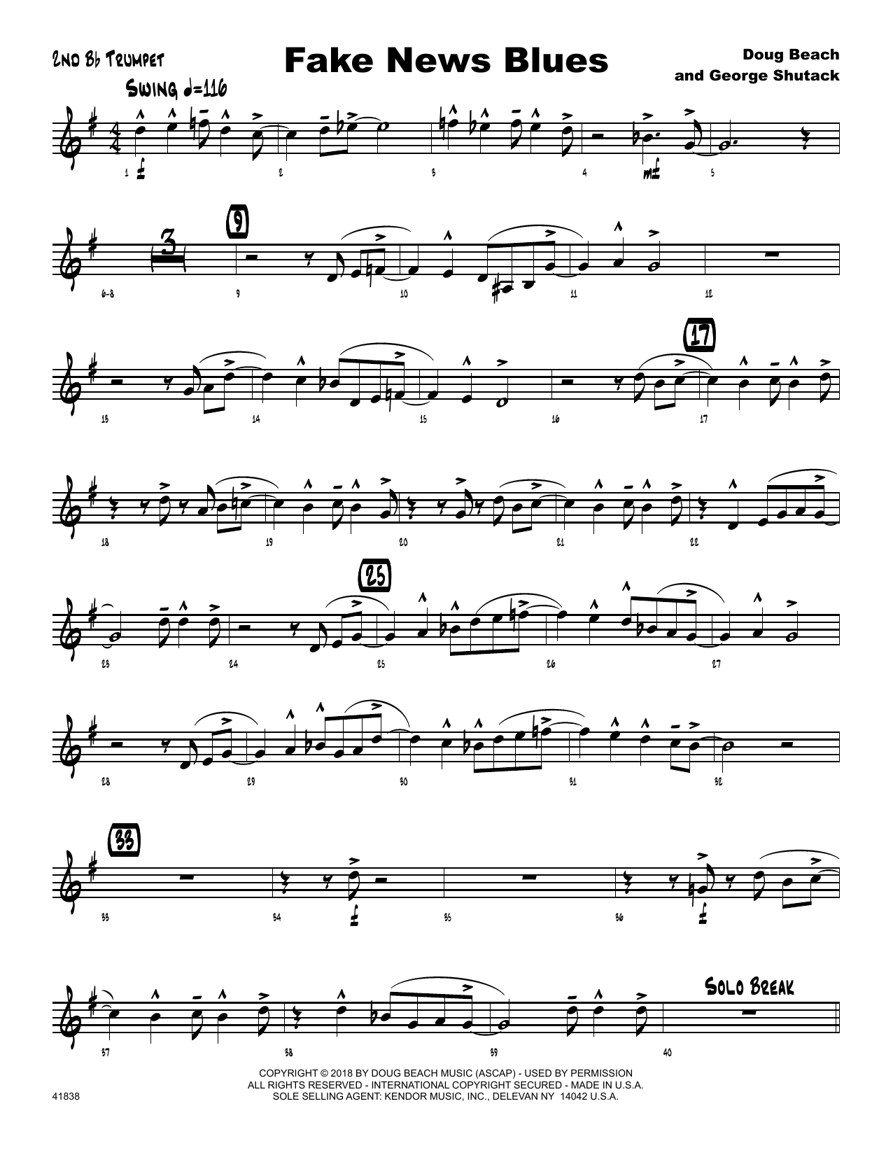 Doug Beach Fake News Blues - 2nd Bb Trumpet sheet music preview music notes and score for Jazz Ensemble including 2 page(s)