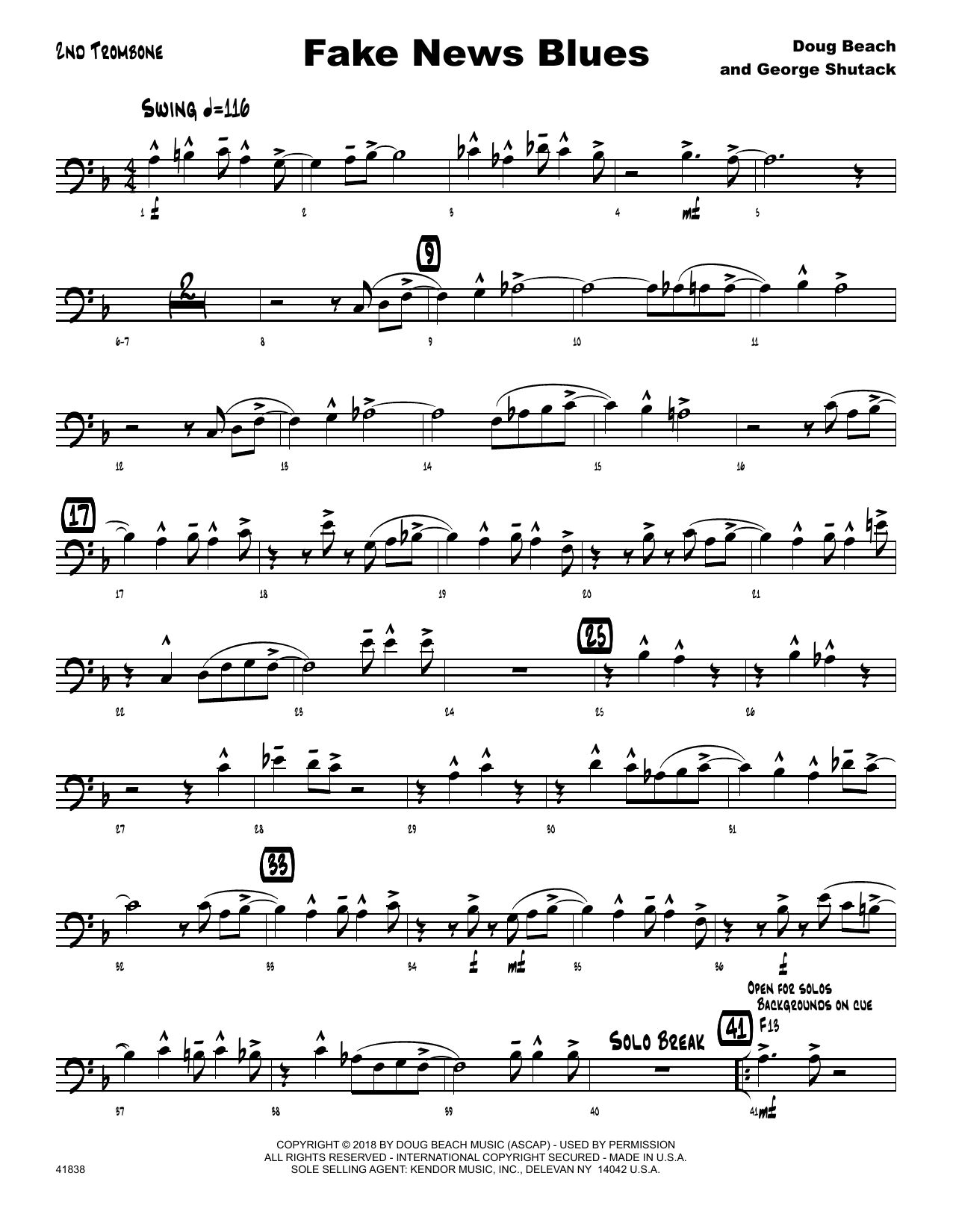 Doug Beach Fake News Blues - 2nd Trombone sheet music preview music notes and score for Jazz Ensemble including 2 page(s)