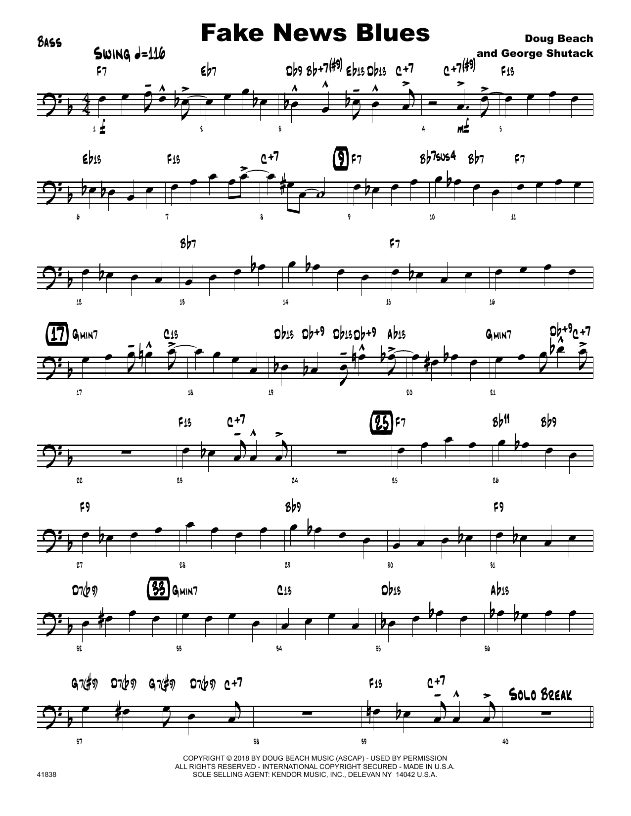 Doug Beach Fake News Blues - Bass sheet music preview music notes and score for Jazz Ensemble including 2 page(s)