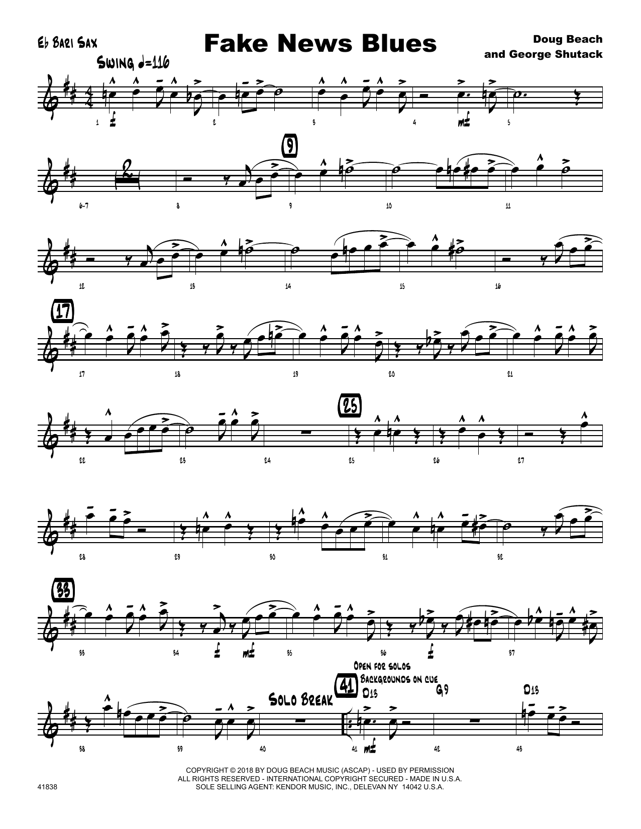 Learn to play Doug Beach Fake News Blues - Eb Baritone Saxophone sheet music for Jazz Ensemble in minutes. Doug Beach Fake News Blues - Eb Baritone Saxophone sheet music preview music notes and score for Jazz Ensemble including 2 page(s)