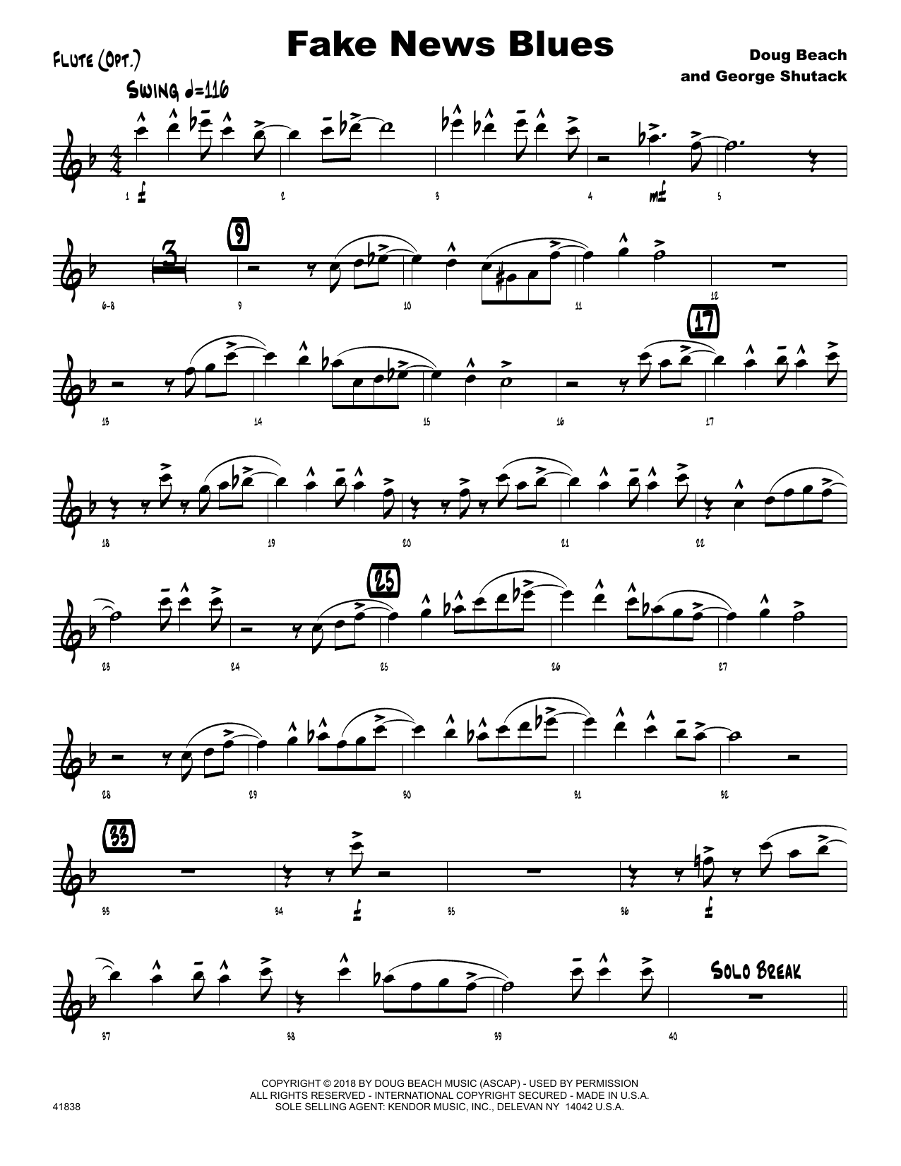 Learn to play Doug Beach Fake News Blues - Flute sheet music for Jazz Ensemble in minutes. Doug Beach Fake News Blues - Flute sheet music preview music notes and score for Jazz Ensemble including 2 page(s)
