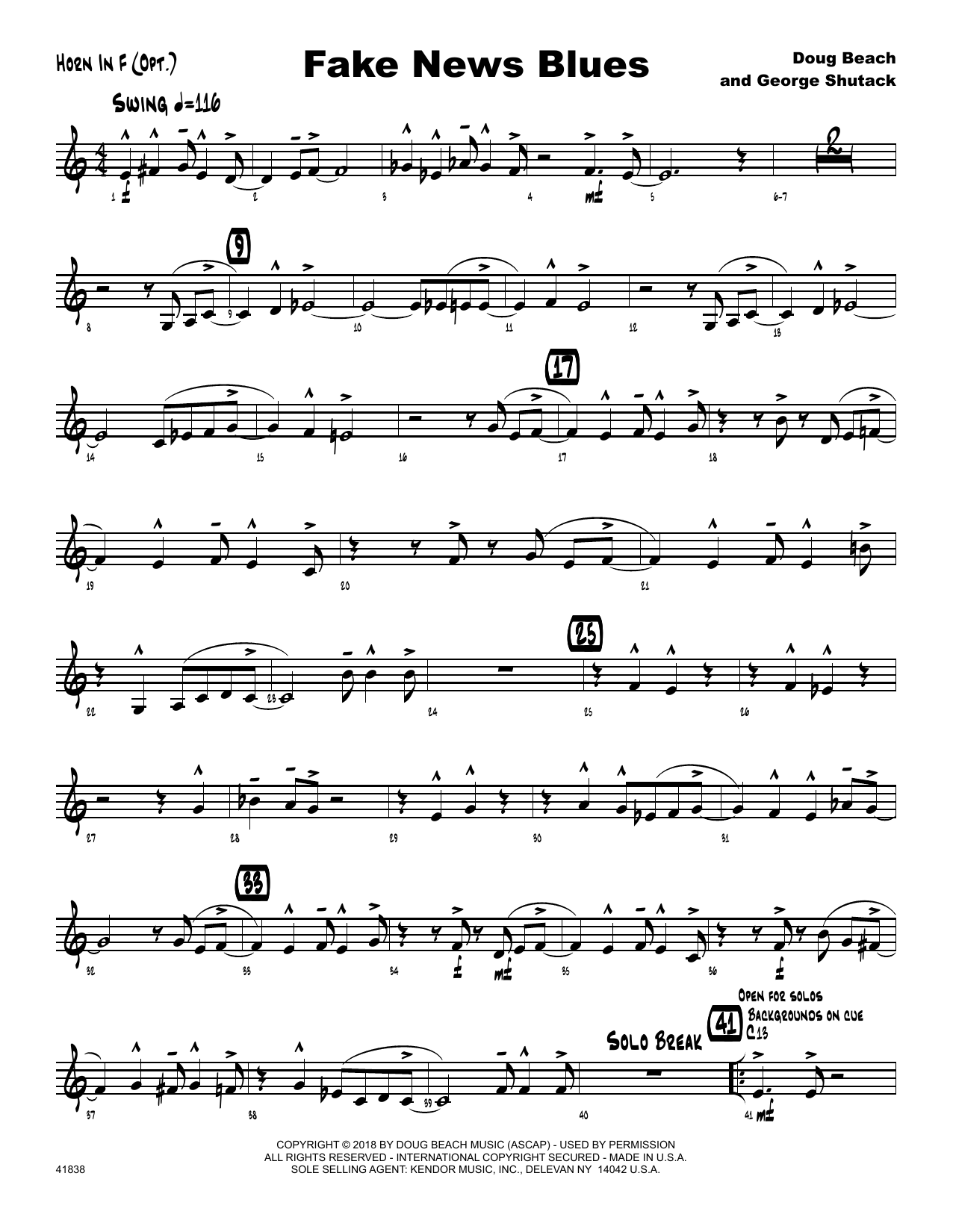 Doug Beach Fake News Blues - Horn in F sheet music preview music notes and score for Jazz Ensemble including 2 page(s)