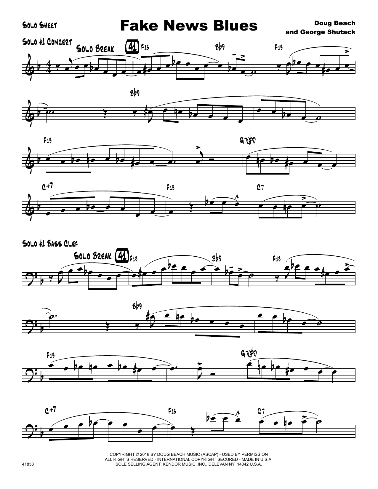 Learn to play Doug Beach Fake News Blues - Solo Sheet sheet music for Jazz Ensemble in minutes. Doug Beach Fake News Blues - Solo Sheet sheet music preview music notes and score for Jazz Ensemble including 4 page(s)