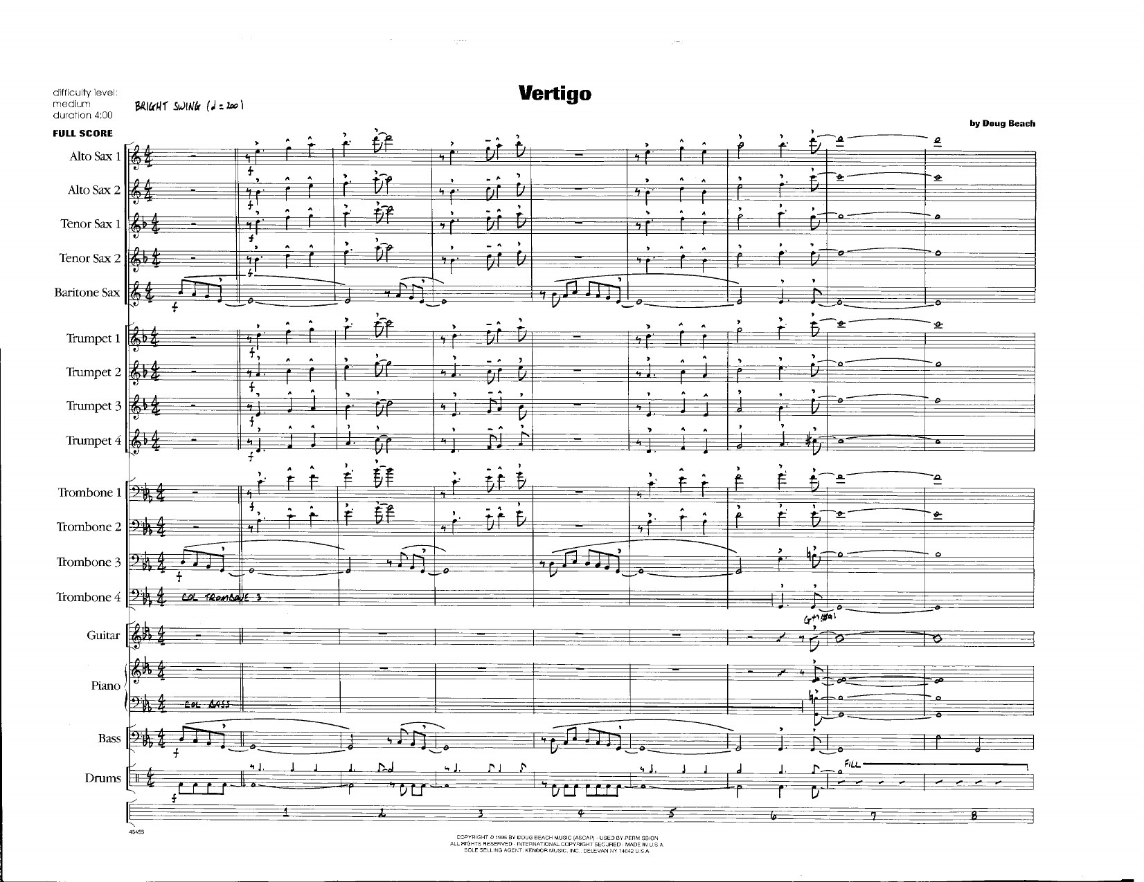Learn to play Doug Beach Vertigo - Full Score sheet music for Jazz Ensemble in minutes. Doug Beach Vertigo - Full Score sheet music preview music notes and score for Jazz Ensemble including 21 page(s)