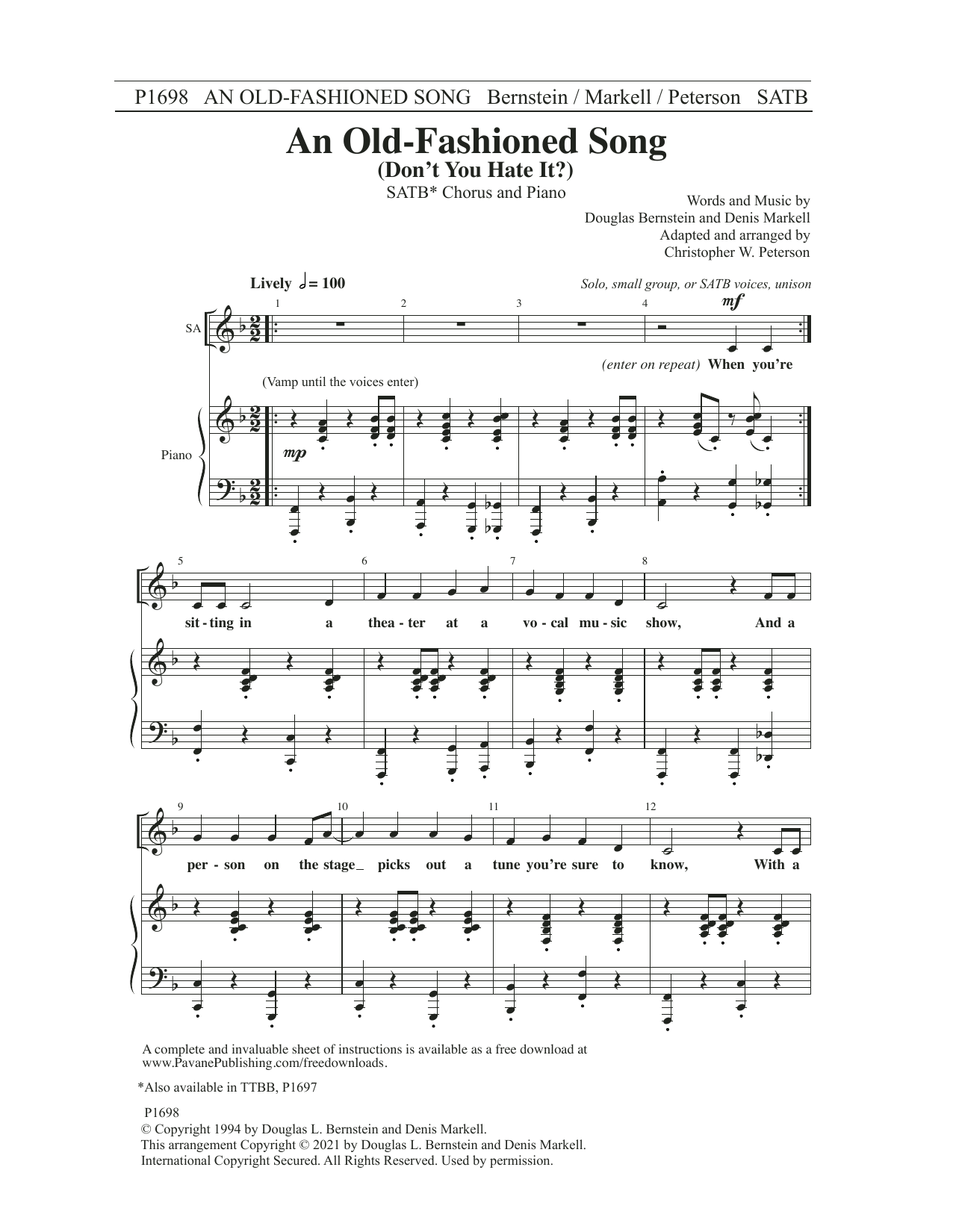 Douglas Bernstein and Denis Markell An Old-Fashioned Song (Don't You Hate It?) (arr. Christopher Peterson) sheet music, chords, lyrics - Printable PDF for TTBB Choir