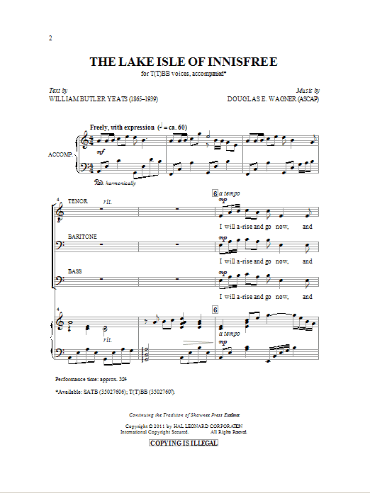 Douglas E. Wagner The Lake Isle Of Innisfree sheet music preview music notes and score for SATB including 8 page(s)