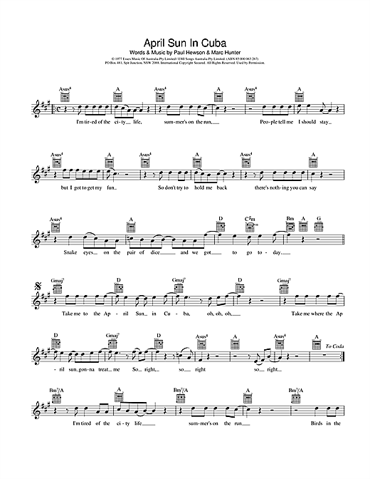 Learn to play Dragon April Sun In Cuba sheet music for Melody Line, Lyrics & Chords in minutes. Dragon April Sun In Cuba sheet music preview music notes and score for Melody Line, Lyrics & Chords including 2 page(s)