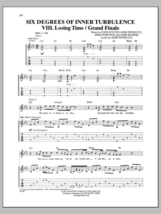 Dream Theater Six Degrees Of Inner Turbulence: VIII. Losing Time/Grand Finale sheet music, chords, lyrics - Printable PDF for Guitar Tab