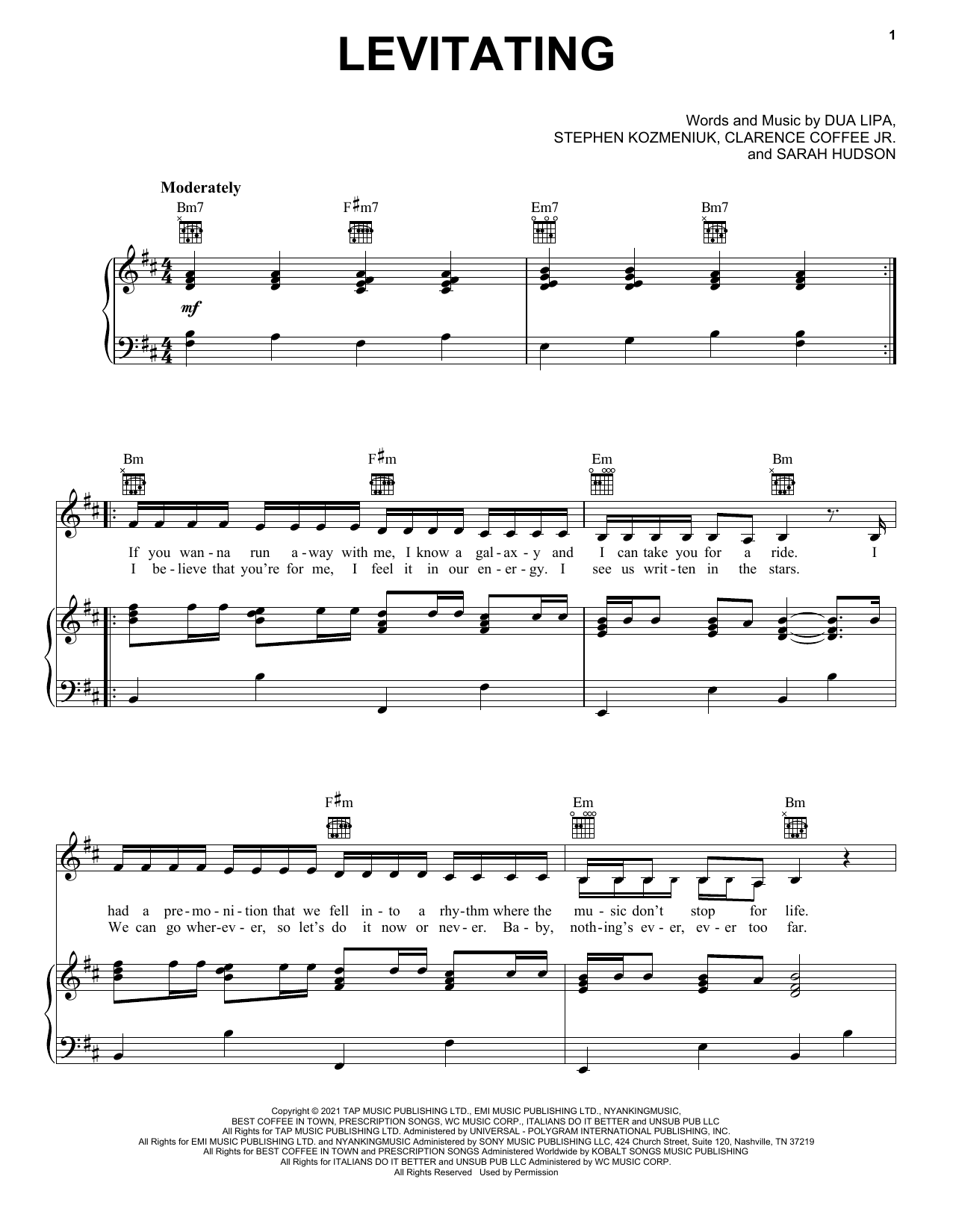 Learn to play Dua Lipa Levitating sheet music for Piano, Vocal & Guitar (Right-Hand Melody) in minutes. Dua Lipa Levitating sheet music preview music notes and score for Piano, Vocal & Guitar (Right-Hand Melody) including 7 page(s)