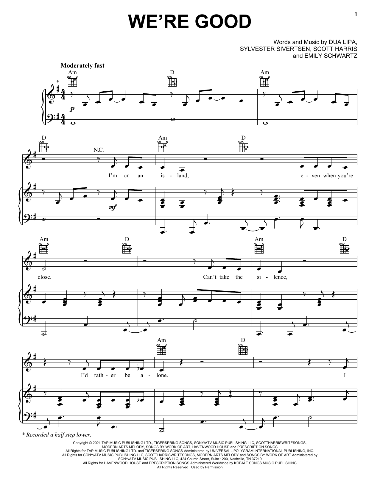 Learn to play Dua Lipa We're Good sheet music for Piano, Vocal & Guitar (Right-Hand Melody) in minutes. Dua Lipa We're Good sheet music preview music notes and score for Piano, Vocal & Guitar (Right-Hand Melody) including 6 page(s)