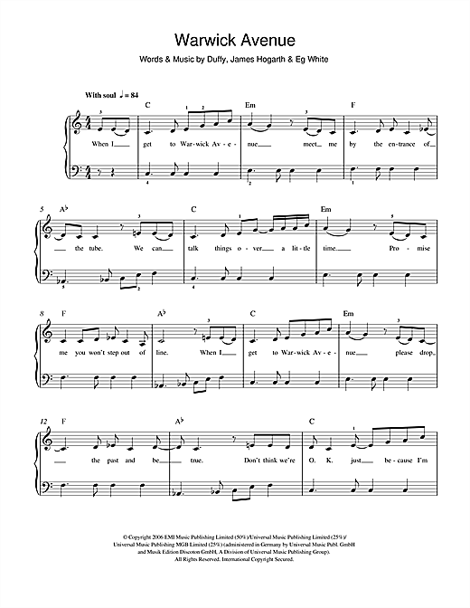 Learn to play Duffy Warwick Avenue sheet music for Lyrics & Piano Chords in minutes. Duffy Warwick Avenue sheet music notes and chords